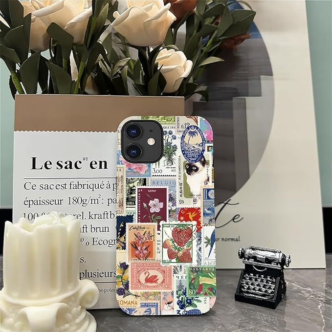 Case for iPhone 11,Vintage Stamp Collage for Woman Men Full Body Protective Cover Shockproof 2 in 1 Silicone + Hard PC Case for iPhone 11