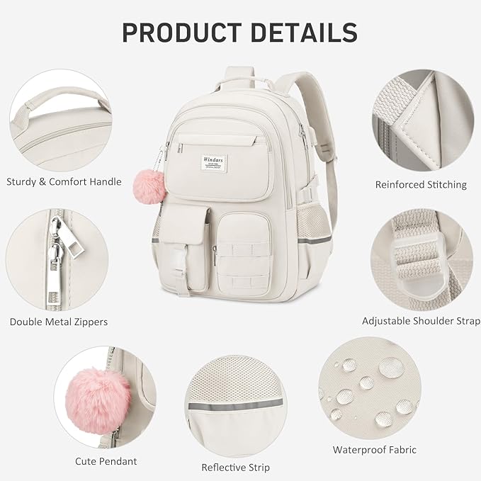 School Backpack for Teen Girls, Cute Laptop Backpack for Women Students, Middle High School Bags Aesthetic Bookbag for College Travel Fit 15.6 Inch Laptop (Beige)
