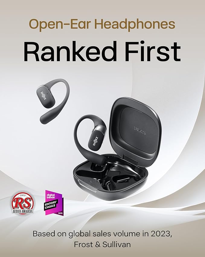 SHOKZ New OpenFit 2 Open-Ear Headphones, True Wireless Bluetooth Earphones with Microphone, Earhook Earbuds with 48 Hours of Playtime, Fast Charging, IP55 Water-Resistant, with Carrying Bag, Black