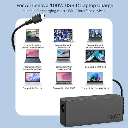 100W USB C Charger Fast Universal Laptop Charger, Compatible with Lenovo, Mac Book Pro/Air 16, 15, 14, 13 Inch, Lenovo ThinkPad, HP, Dell, Asus, Acer, Google Series Type C Power Cord