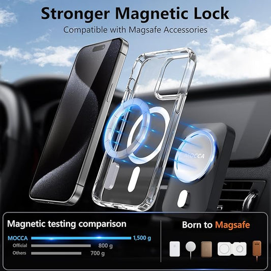 MOCCA Strong Magnetic for iPhone 15 Pro Case Clear, [Non-Yellowing][Compatible with Magsafe][Military Drop Protection] Slim Shockproof Protective Phone Case for iPhone 15 Pro Phone Case 6.1",Clear