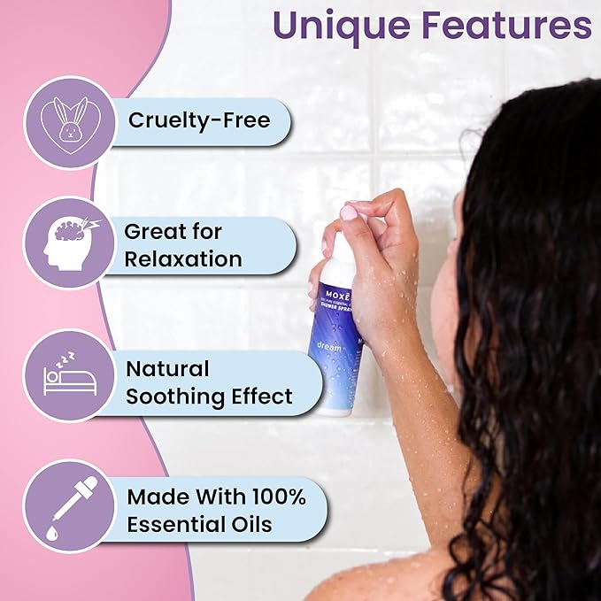 MOXE Aromatherapy Shower Mist Variety Pack, Eucalyptus, Lavender, Breathe and Dream, Spa Steam Spray, Natural 100% Essential Oils, Made in USA, Aromatherapy, Sinus Congestion Relief, 4 Pack (8oz)