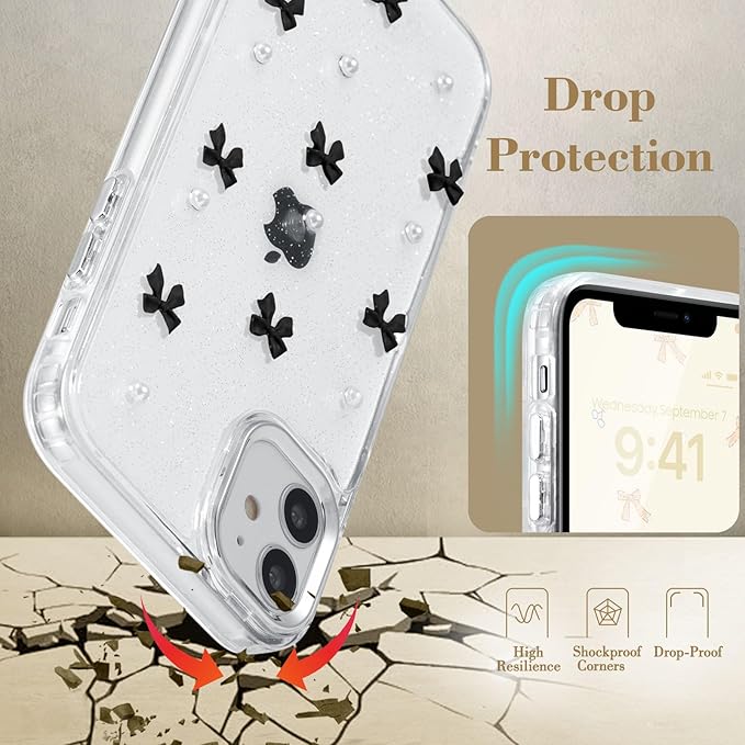 EYZUTAK Case for iPhone 12/iPhone 12 Pro, Bling Glitter 3D Bowknot Phone Case Cute Sparkly Crystal Clear Bow Aesthetic Case Slim Soft Durable TPU Transparent Protective Cover for Women Girls-Black Bow