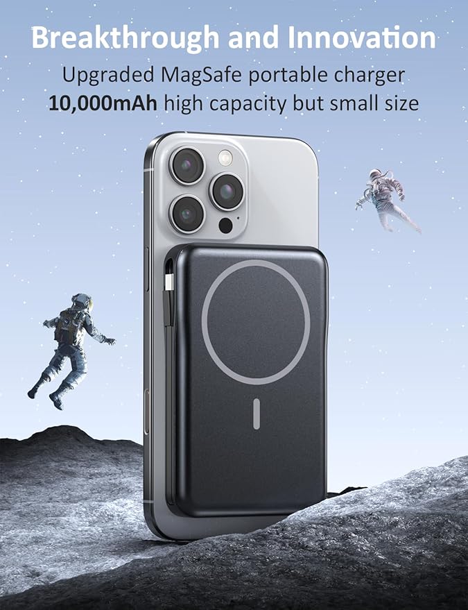 Magnetic Portable Charger, 10000mAh Power Bank, 5 in 1 Portable Charger with Built in Cable, 20W Fast Charging for Magsafe Battery Pack Compatible with iPhone 16/15/14/13 Pro/Pro Max, Samsung Series