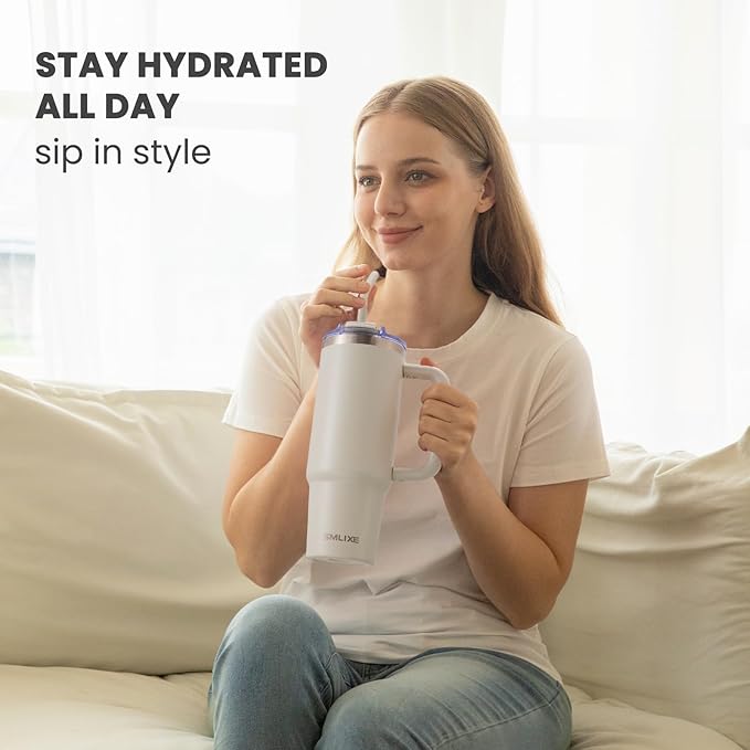 30 oz Tumbler with Handle, Tumbler with Lid and Straw, Double Wall Vacuum Insulated Travel Mug Stainless Steel Tumbler for Hot and Cold, Cupholder Friendly (Almond Birch)