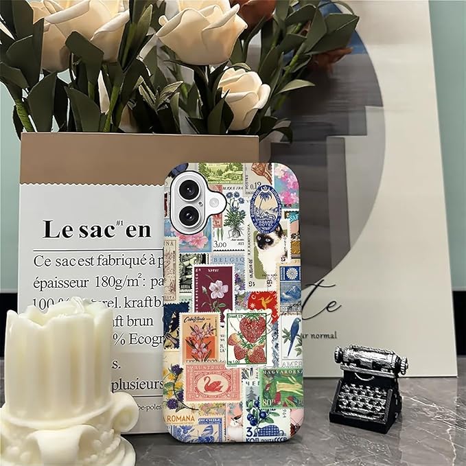 Case for iPhone 16,Vintage Stamp Collage for Woman Men Full Body Protective Cover Shockproof 2 in 1 Silicone + Hard PC Case for iPhone 16