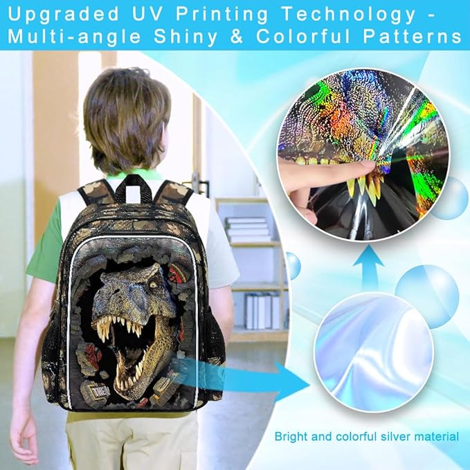 16" Boys Backpack, Dinosaur Kids Bookbag with Lunch Box, 3Pcs Dino School Backpacks for Elementary Preschool Kindergarten (Black)