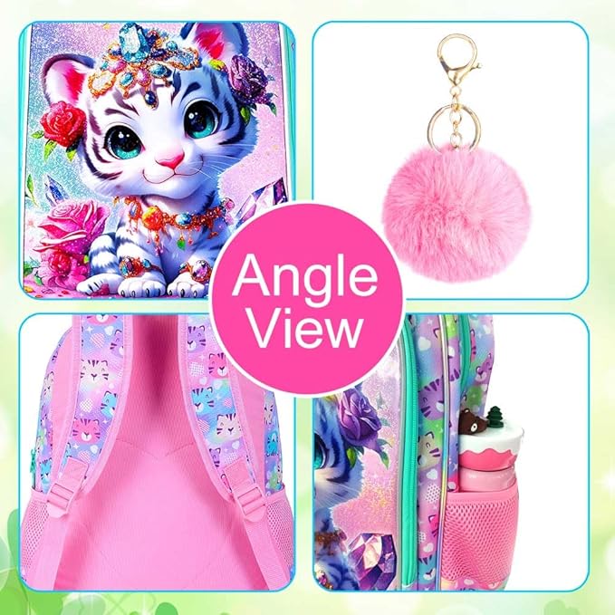 16" Tiger Backpack for Girls, 3Pcs Kids School Backpacks with Lunch Box, Bookbag for Elementary Preschool Kindergarten(Pink)