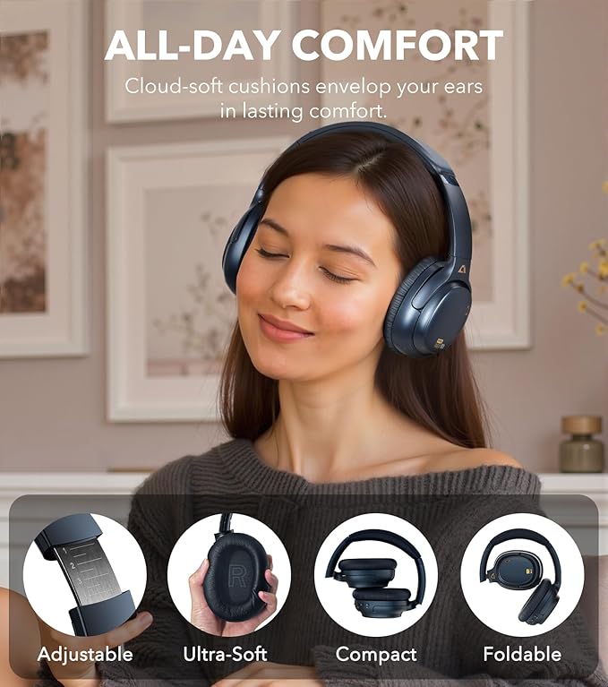 1Mii E700 Wireless Bluetooth Over Ear Headphones with Active Noise Canceling, Hi-Res Audio LDAC/aptX Low Latency for Airplane Travel Overhead Comfort, 54H Playtime, Custom EQ via App - Blue