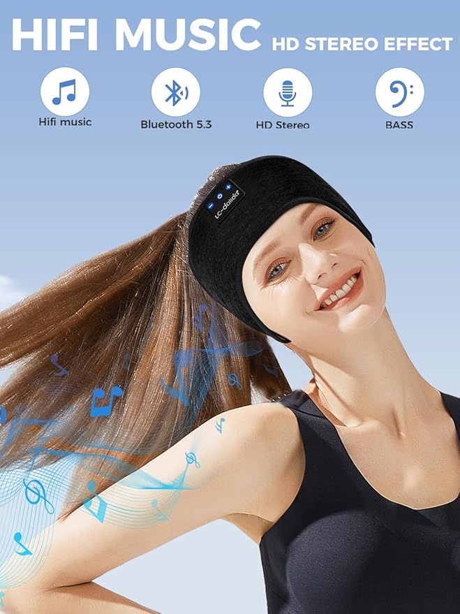 LC-dolida Sleep Headphones Bluetooth Headband, Sweat Resistant Sports Wireless Earphones, Ultra-Thin HD Stereo Black Headband Speaker Sleeping Eye Mask for Women Men Teen Running Cool Gadgets