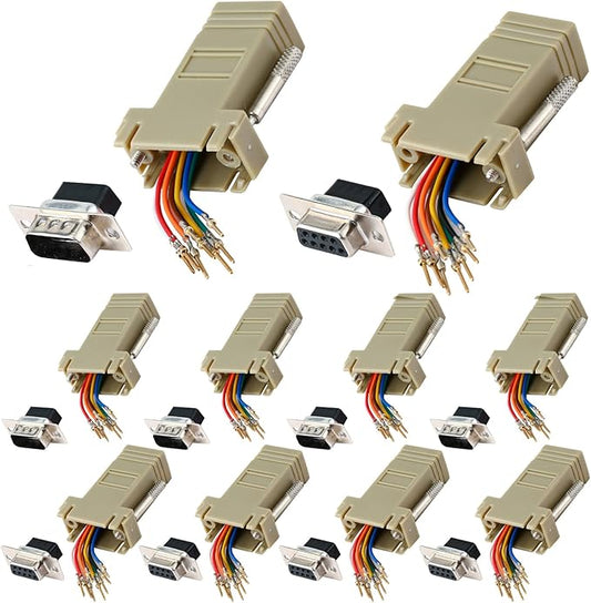 10PCS DB9 Male Female Ethernet Adapter, 9 Pin Serial Port Male Female to RJ45 Ethernet LAN Extend Modular Converter (5PCS Male + 5PCS Female)