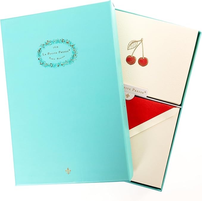 Graphique Cherries Designer Cards Luxe Collection, Gold Foil Embossed Stationary Boxed Set, 10 Blank Cards with 11 Envelopes, All Occasion Greetings, 5.25" x 3.8"