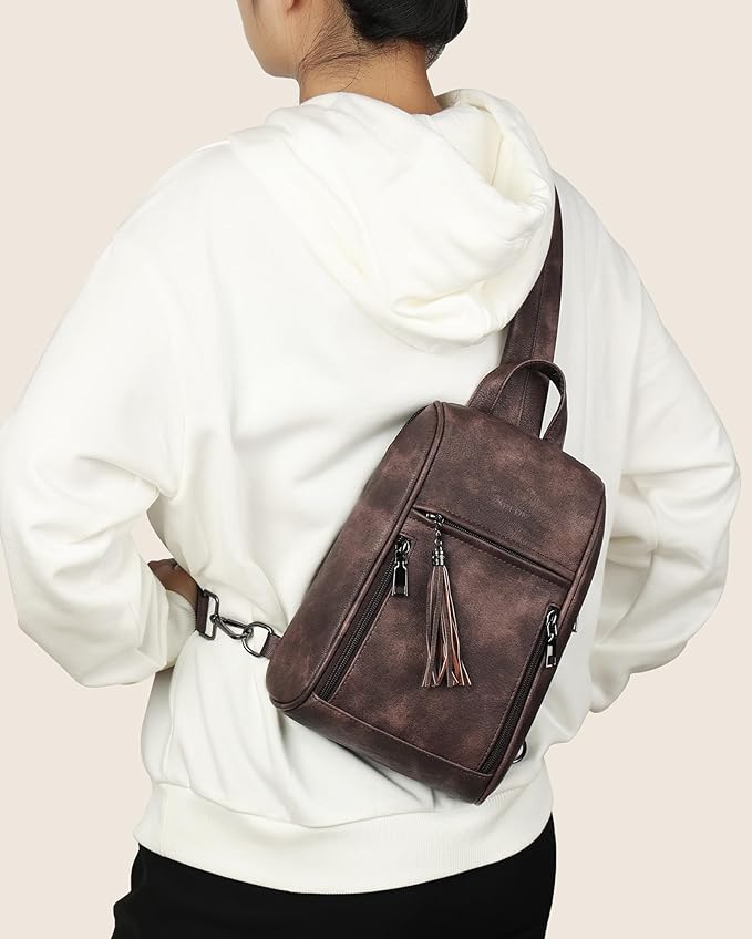 FADEON Sling Bag for Women, Crossbody Purse with Tassels, Designer Leather Shoulder Chest Bags for Travel