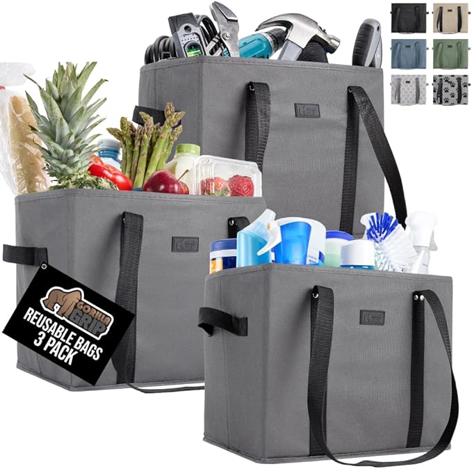 GORILLA GRIP Heavy Duty Foldable Reusable Grocery Bags, 3 Pack, Tear Resistant Box Shape Shopping Tote with Reinforced Handles, Grip Feet, Easily Carry and Transport Groceries, 13x10x11, Gray Black
