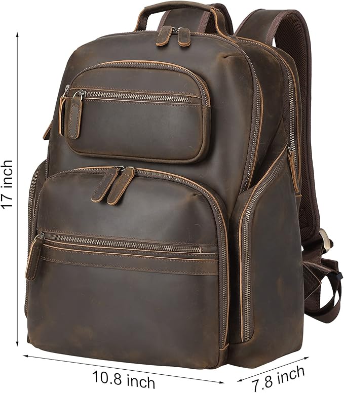 TIDING Men's Vintage Leather 15.6" Laptop Backpack Multi Pockets Travel Rucksack Business Overnight Daypack