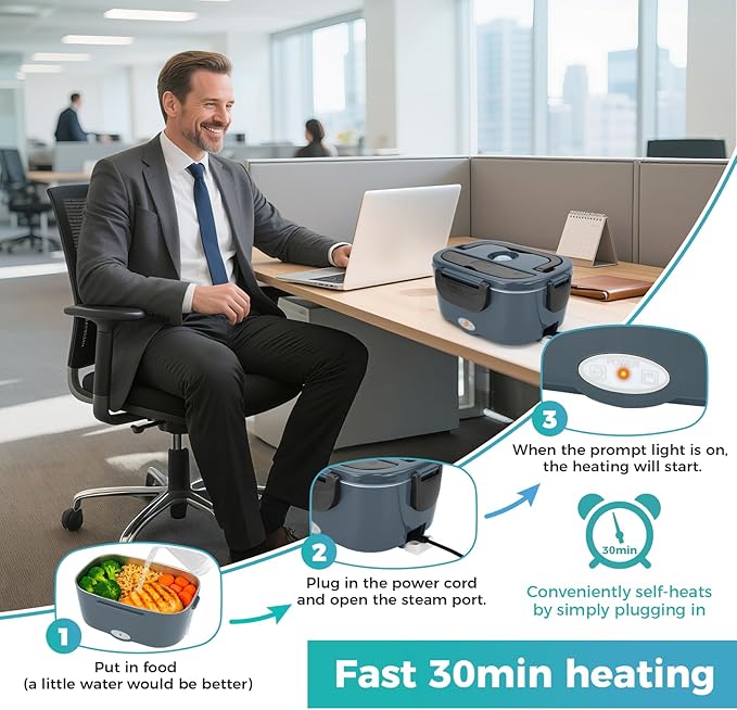 80W Electric Lunch Box for Car & Truck,12V/24V/110V Green Portable Warmer with 304 Stainless Steel Container,Ideal for Drivers & Office