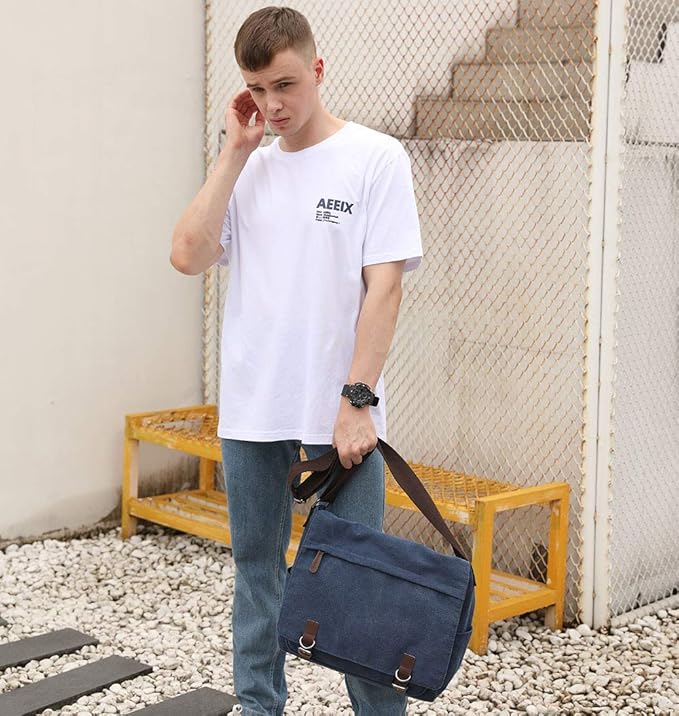 Messenger Bag for Men Retro, Canvas Satchel casual Briefcases Laptop Bag fit 13.3 15.6 Inch