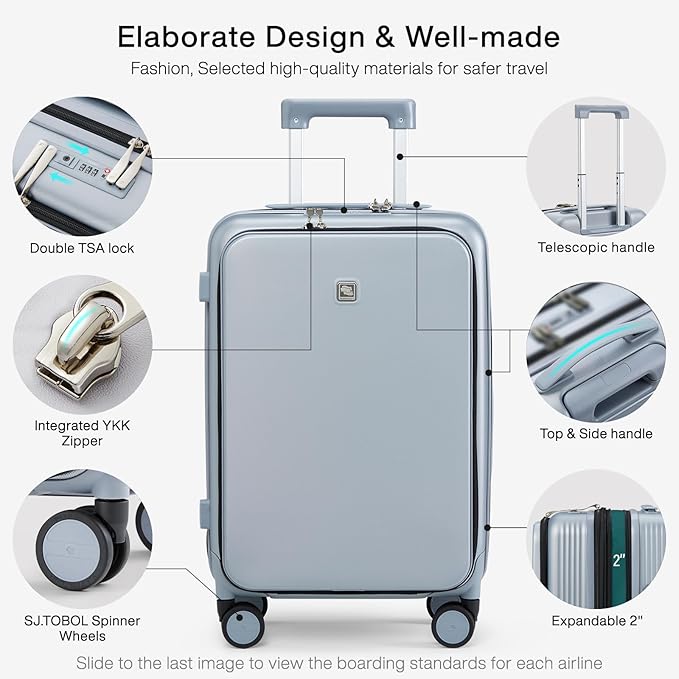 Hanke Grace Expandable Carry On Luggage with Wheels Airline Approved Hard Shell Suitcases with Front Pocket，Top Opening Luggage with TSA Lock for Short Business Travel, Grey.