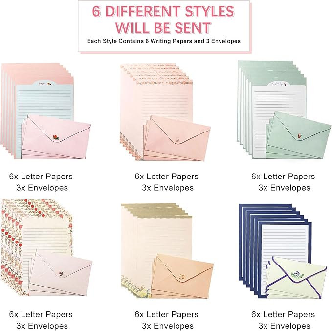 55 Pcs Stationery Paper Envelopes Set Includes 36 Lined Writing Stationery Paper & 18 Envelopes with 48 Colorful Round Dot Stickers, Cute Vintage Letter Writing and Stationery Paper Envelopes(6 Style)