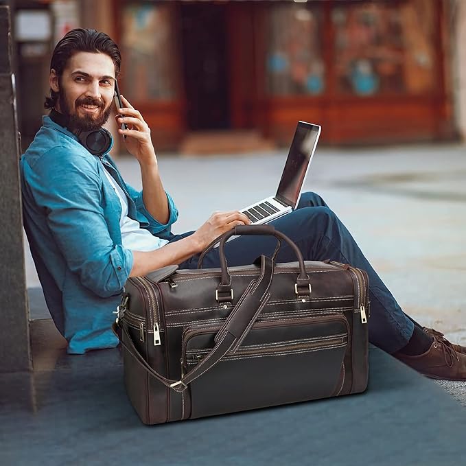 Polare 24" Retro Full Grain Leather Travel Overnight Luggage Weekender Duffel Bag with YKK Zippers