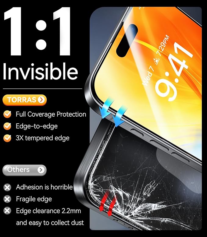TORRAS Diamond Shield for iPhone 15 Pro Screen Protector [Military-Grade Protection] 9H+ Unbreakable Shatterproof Aerospace Tempered Glass Full Coverage InstaFit Bubble-Free, 2-Pack