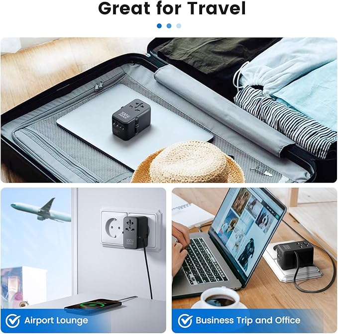 Universal Travel Adapter, for GaN 100W International Power Adapter Built-in Type-c Cable Fast Charging & 4 USB Charging Ports, All-in-One Wall Charger for US to Europe EU UK AUS Black