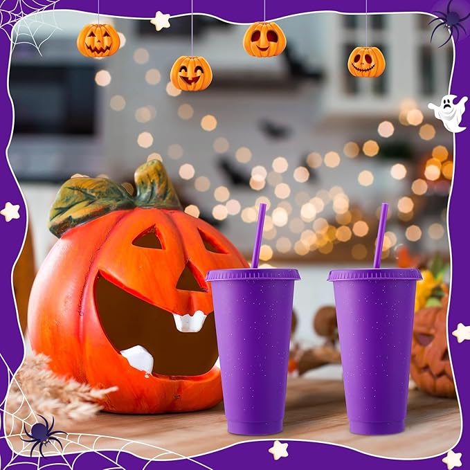 Honeydak 60 Pack Tumbler with Straw and Lid Bulk Glitter Plastic Cups Water Bottle Iced Coffee Travel Mug Reusable Party Favor Cups for Birthdays travel 24-27 oz (Purple)