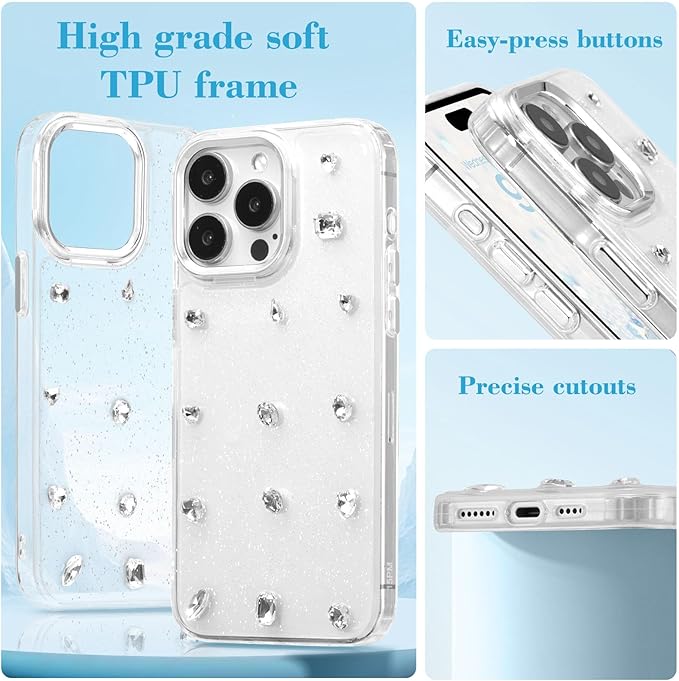 EYZUTAK Case for iPhone 15 Pro Max, Bling Glitter 3D Diamond Phone Case Cute Sparkly Crystal Clear Aesthetic Design Case Slim Soft Durable TPU Transparent Protective Cover for Women Girls - Crystal
