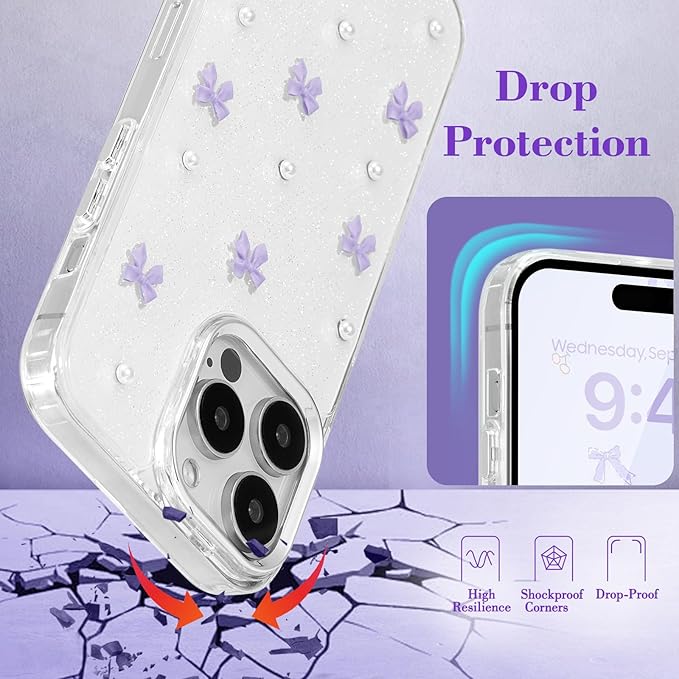 EYZUTAK Case for iPhone 12 Pro Max, Bling Glitter 3D Bowknot Phone Case Cute Sparkly Crystal Clear Bow Aesthetic Case Slim Soft Durable TPU Transparent Protective Cover for Women Girl-Purple Bow