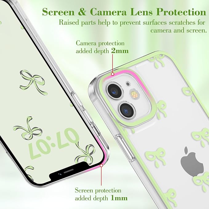EYZUTAK Case for iPhone 12, Clear Cute Ribbon Bowknot Pattern Aesthetic Transparent Phone Case Raised Camera Protection Stylish Slim Soft Durable TPU Protective Cover for Women Girls - Green