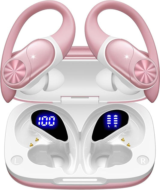 PocBuds Bluetooth Headphones Wireless Earbuds 80hrs Playtime Wireless Charging Case Digital Display Sport Ear Buds with Earhook Deep Bass IPX7 Waterproof Over-Ear Earphones for Phone Laptop Rose Gold