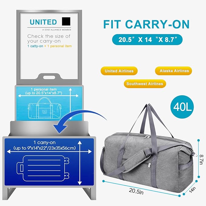 Carry on luaggage 22x14x9 Airlines Approved, Foldable Travel Duffel Bags Weekender Overnight Carry on Duffel Luggage Gym Duffle Bag with Wet Pocket & Shoe Compartment for Women Men(Grey, 40L)