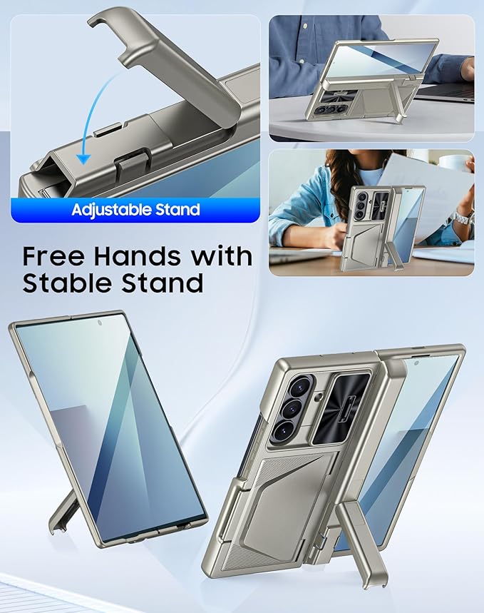 for Samsung Galaxy Z Fold 7 Case with Card Holder RFID Blocking, Built in Slide Lens Cover & Hinge Protection & Kickstand & Screen Protector, Shockproof Wallet Case for Z Fold 7 (Titanium Gold)