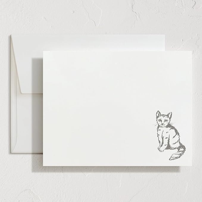 Minted Furry Friend Stationery Set, Set of 10, Flat Note Cards & Envelopes for Invitiations and Handwritten Thank You Messages, Black & White Cat, Gifts for Men & Women, Pet Lovers, Luxurious Paper