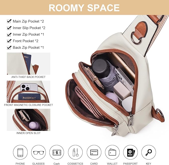 Womens Sling Bag Crossbody Bags for Women Vegan Leather Sling Backpack Daypack Fanny Pack Crossbody Purse Travel