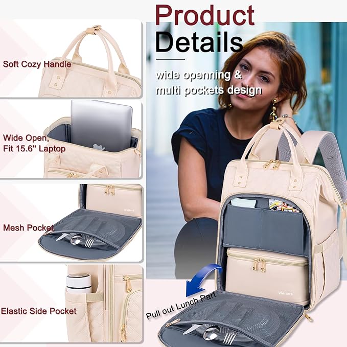Weitars Lunch Backpack For Women,15.6 Inch Laptop Backpacks For Womens Back pack, Travel Backpacks,Work Back packs For Women (Beige)