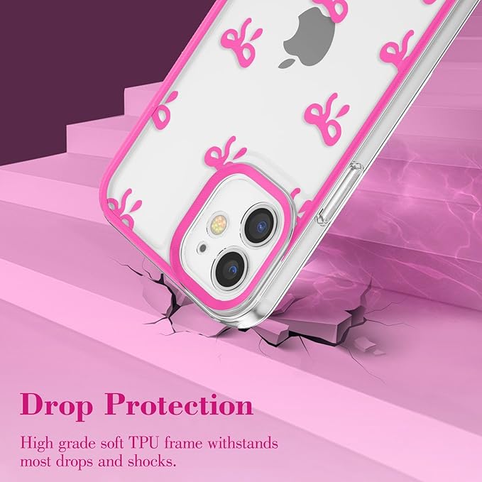 EYZUTAK Case for iPhone 12, Clear Cute Ribbon Bowknot Pattern Aesthetic Transparent Phone Case Raised Camera Protection Stylish Slim Soft Durable TPU Protective Cover for Women Girls - Rose Red