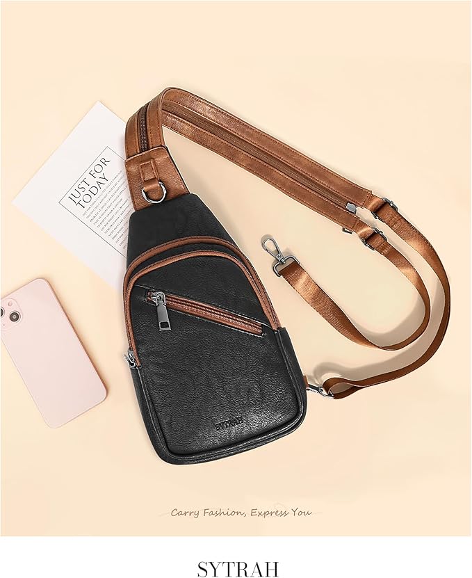 Sling Bag for Women, Crossbody Bags for Women Trendy Crossbody Purse Vegan Leather Sling Backpack Chest Bag with Dual Purpose Strap, Black Brown