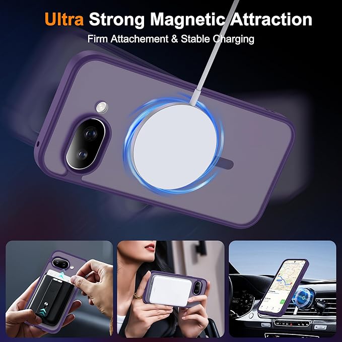 Compatible with Google Pixel 9A Case with Magnetic [Compatible with Mag-Safe][Military Grade Drop Protection] Slim Translucent Matte Phone Case with Anti-Fingerprint Tech, Purple