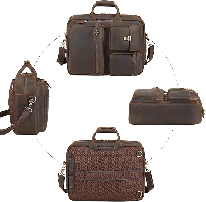 TIDING Men's Leather Convertible Backpack 15.6 Inch Laptop Briefcase Messenger Bag Work Business Travel Rucksack