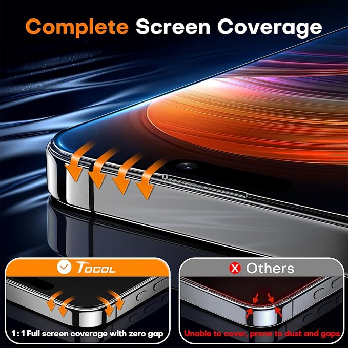 TOCOL for iPhone 16 Screen Protector, Full Coverage 9H Hardness Easy Installation Military Grade Shatterproof HD Tempered Glass Case Friendly 2 Pack