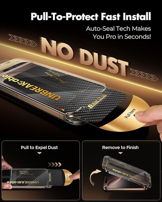 UNBREAKcable Screen Protector for iPhone 16 Plus/15 Plus, Pull-To-Protect Easy Installation, Auto Dust-Elimination, 9H+ Military-Grade Tempered Glass, Bubble-Free, Case Friendly, HD Clear, 2 Pack