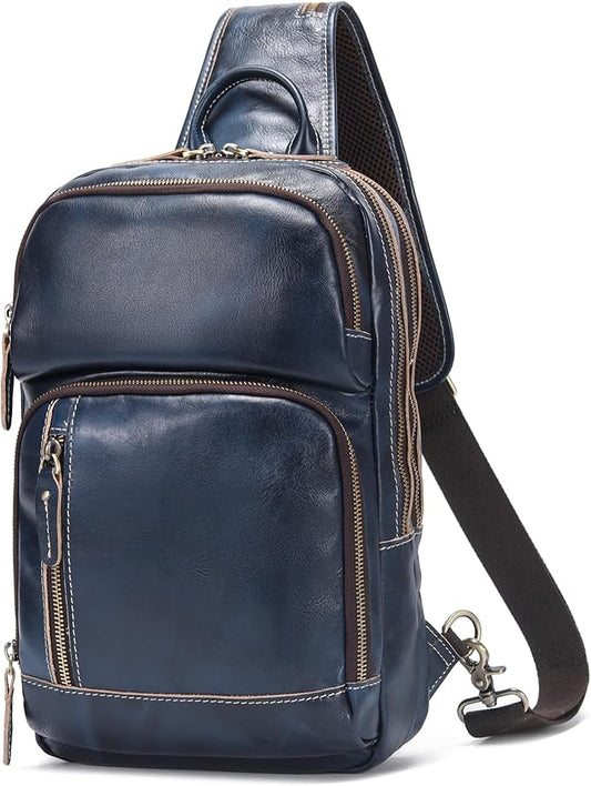 LANNSYNE Full Grain Leather Sling Bag For Men, Crossbody Bag fits 12.9" iPad Crossbody Chest Daypack