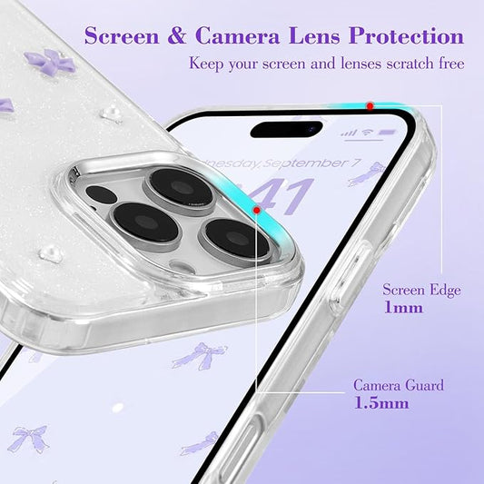 EYZUTAK Case for iPhone Air, Bling Glitter 3D Bowknot Phone Case Cute Sparkly Crystal Clear Bow Aesthetic Design Cover Slim Soft Durable TPU Transparent Protective Cover for Women Girl - Purple Bow