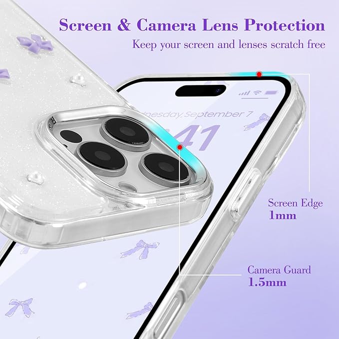 EYZUTAK Case for iPhone 16 Pro, Bling Glitter 3D Bowknot Phone Case Cute Sparkly Crystal Clear Bow Aesthetic Design Case Slim Soft Durable TPU Transparent Protective Cover for Women Girl - Purple Bow