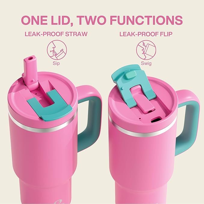 32 oz Tumbler with Handle and Straw: Stainless Steel Insulated Tumbler Keeps Cold for 24 Hours, Leakproof Travel Cup Fits in Cup Holder and BPA-Free,Light Crimson