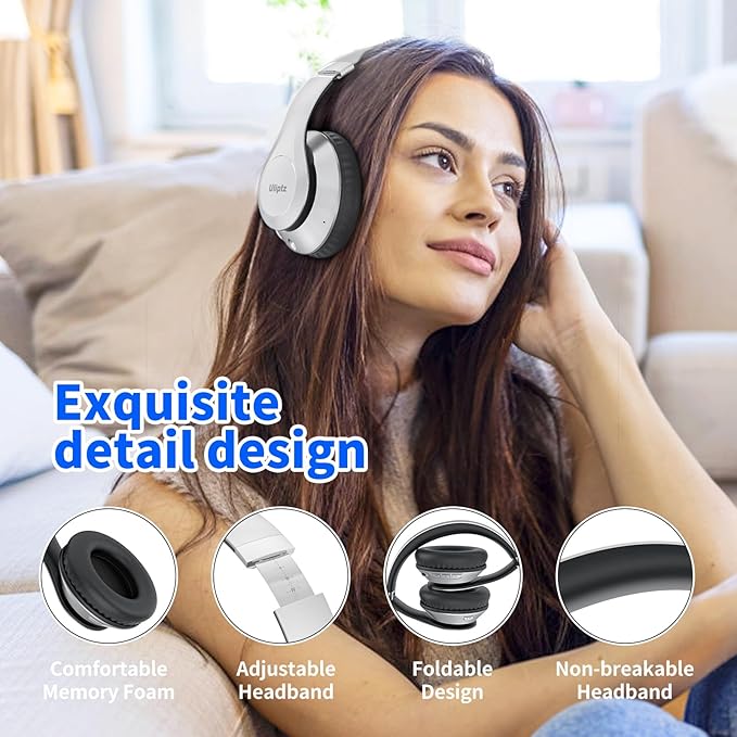 Uliptz Wireless Bluetooth Headphones, 65H Playtime, 6 EQ Sound Modes, HiFi Stereo Over Ear Headphone with Microphone, Foldable Lightweight Bluetooth 5.3 Headphones (Silver)