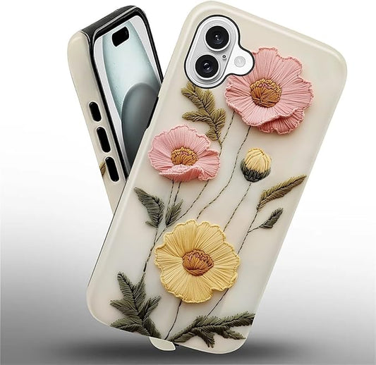 Case for iPhone 16 Case,Faux Embroidery Boho Floral Design - Hybrid Dual Protection Silicone + Hard PC Shockproof Full Body Cover Slim Anti-Scratch Protective Case for Men Women