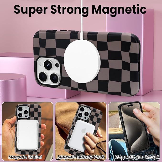 SOKAD Magnetic Checkered Phone Case for iPhone 15 Pro, Cute Grids Plaid Checkerboard Pattern Compatible with Magsafe Matte Protective Case Cover with Screen Protector for Girls Women, Black & Brown