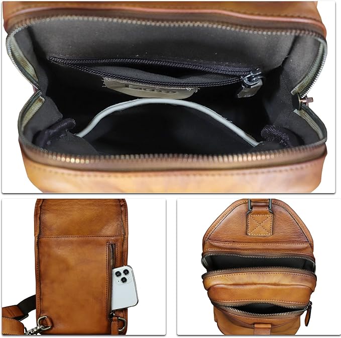 LRTO Genuine Leather Silng Bag for Men and Women Retro Leather Sling Backpack Purse Shoulder Crossbody Bag Chest Bag